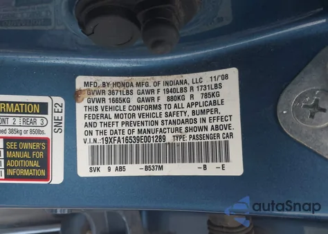 2009 Honda Civic Lx из США, поврежденный, VIN 19XFA16539E001289